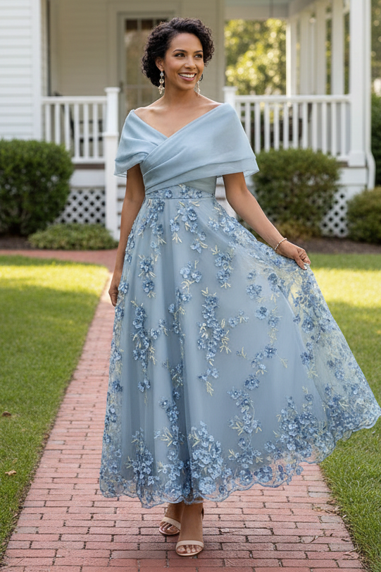 Off-Shoulder Floral Applique Tulle A-Line Dress