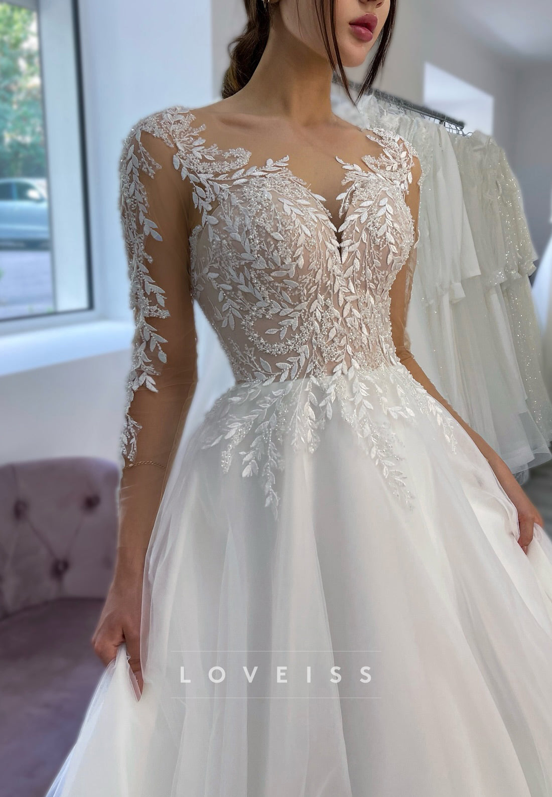 Illusion Lace Long Sleeve Tulle Wedding Dress