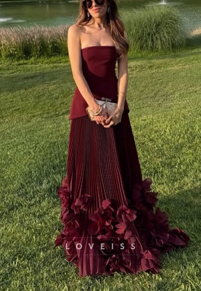 Strapless Pleated Gown with Rosette Ruffle Hem