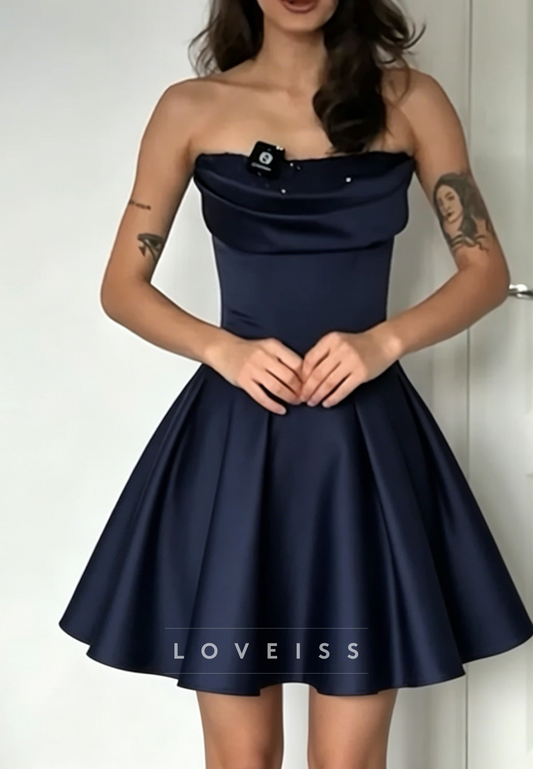 Strapless Satin Pleated A-Line Mini Dress