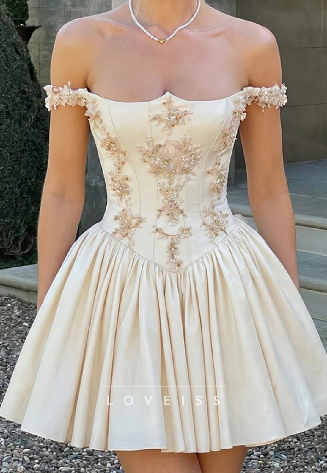 Off-Shoulder Beaded Applique A-Line Mini Dress