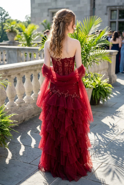 Strapless Beaded Corset High-Low Tiered Tulle Dress