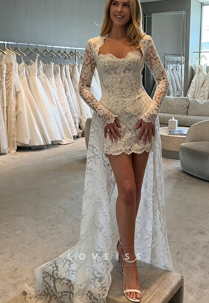 Lace High-Low Wedding Dress with Long Sleeves