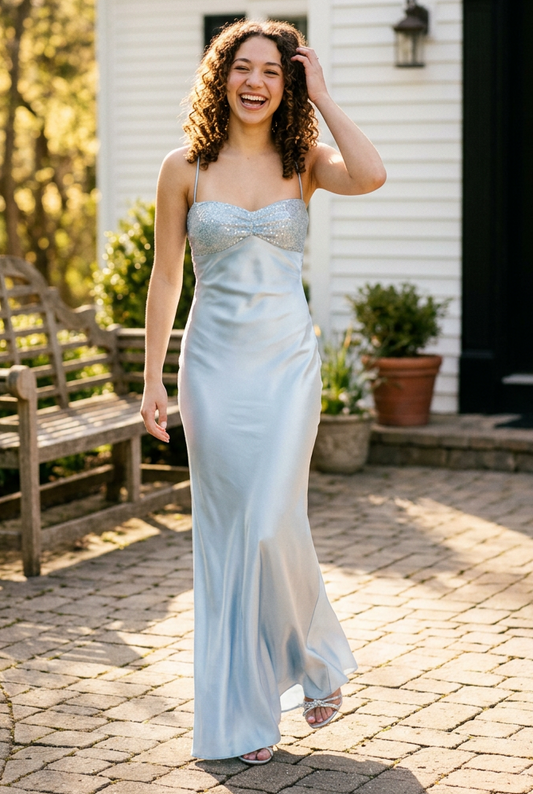 Sequin Bust Lace-Up Back Satin Maxi Dress