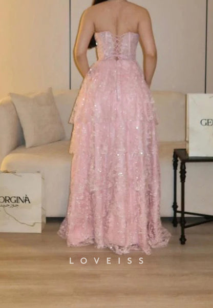 Strapless Lace Tiered Gown with Slit