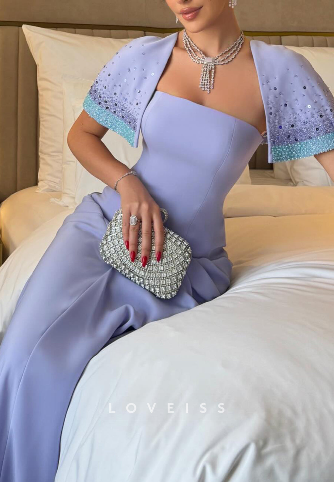 Beaded Cape Sleeve Pleated Evening Gown