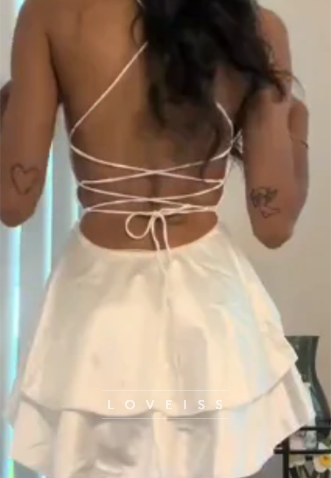 Tiered Satin A-Line Mini Dress with Lace-Up Back
