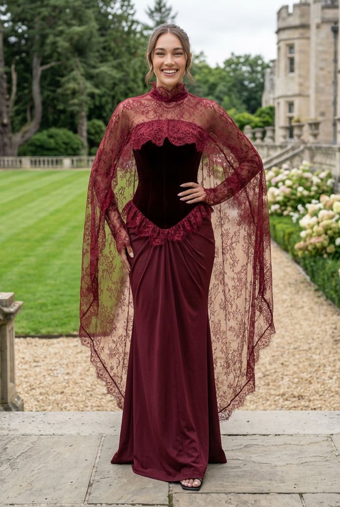 Velvet Corset Cape Gown with Lace Overlay