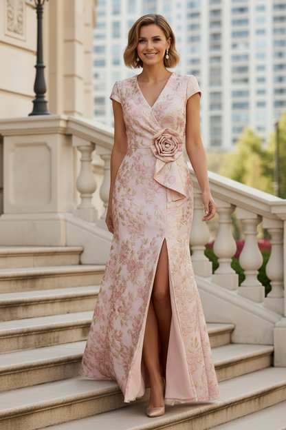 Floral Jacquard Gown with 3D Flower and Slit