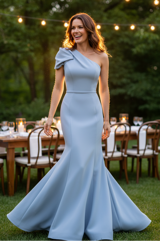 One-Shoulder Crepe Mermaid Evening Gown