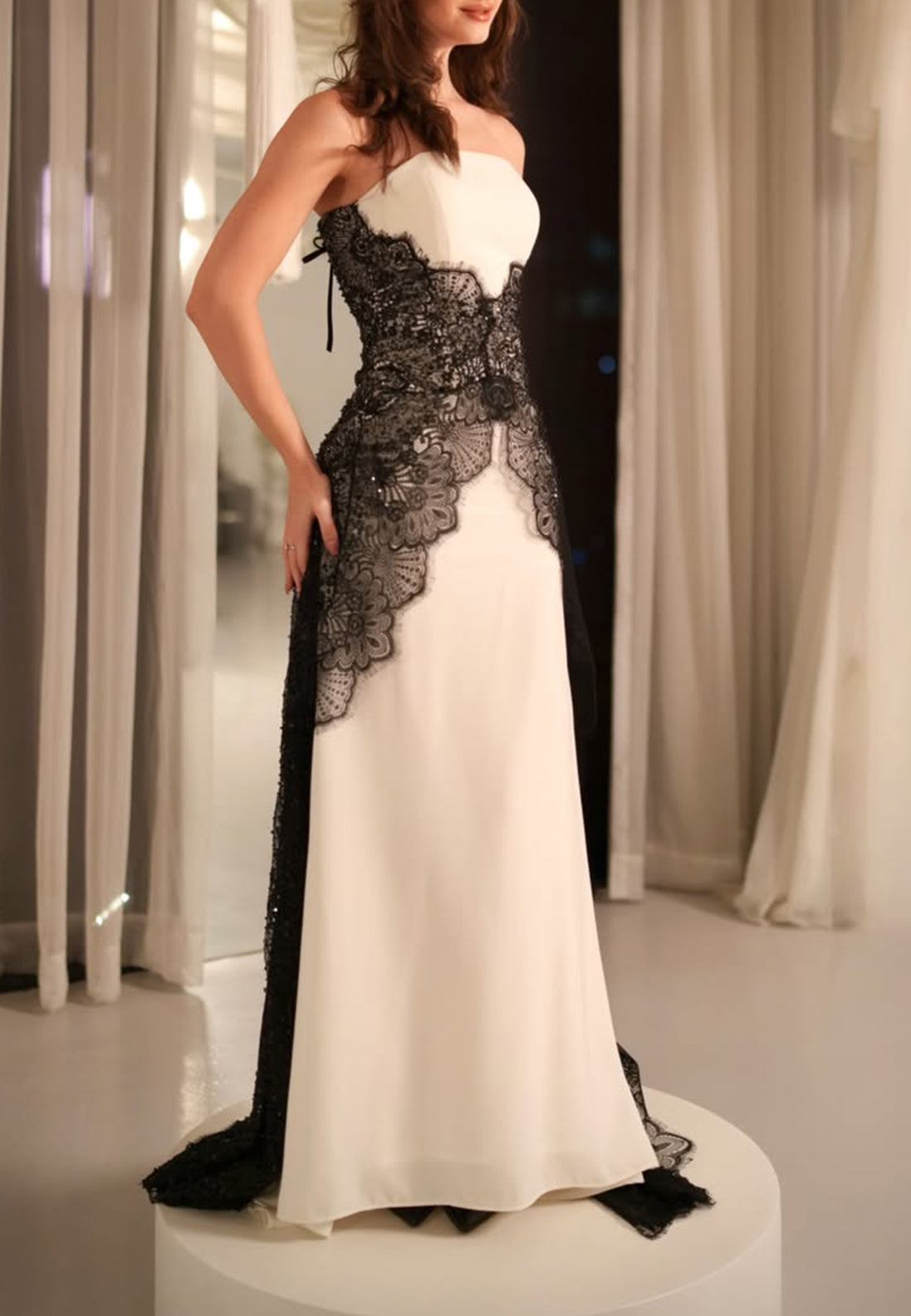 Strapless Evening Gown with Lace Overlay & Train