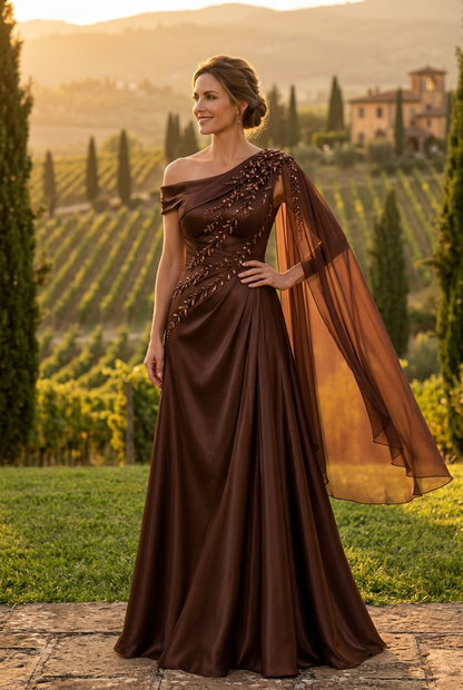 One-Shoulder Beaded A-Line Gown with Cape Detail