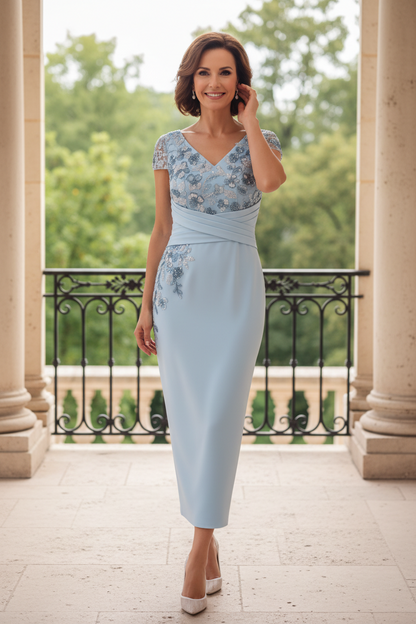 Embellished V-Neck Column Dress with Cap Sleeves