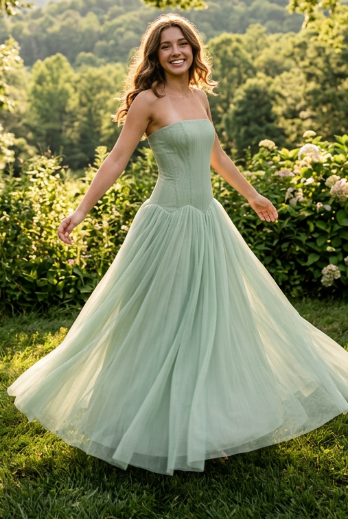 Strapless Drop Waist Pleated Gown