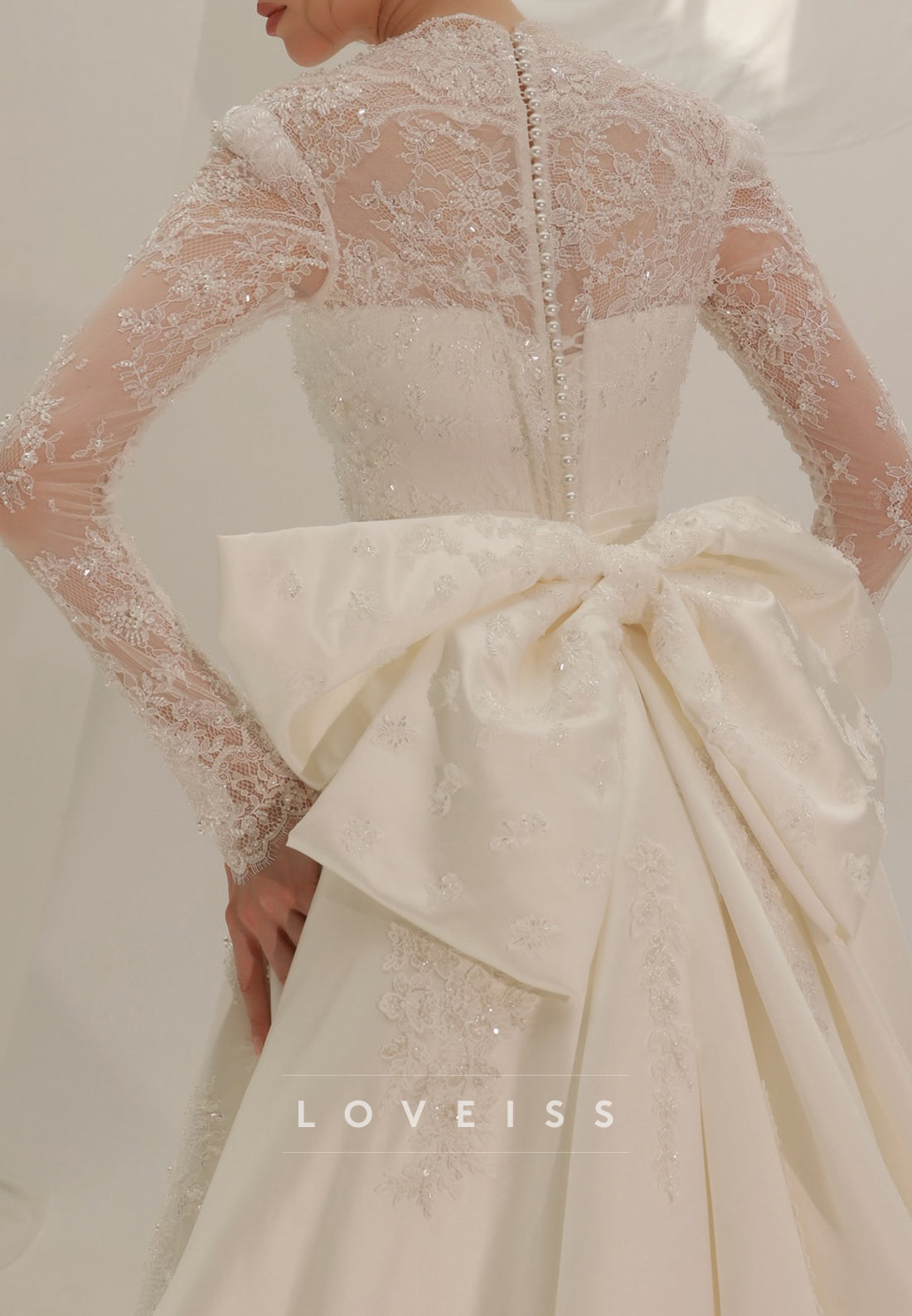 Long Sleeve Lace A-Line Wedding Dress with Bow Back