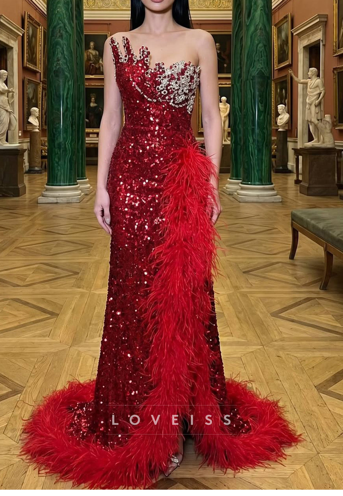 Sequin Asymmetrical Gown with Feather Slit Trim