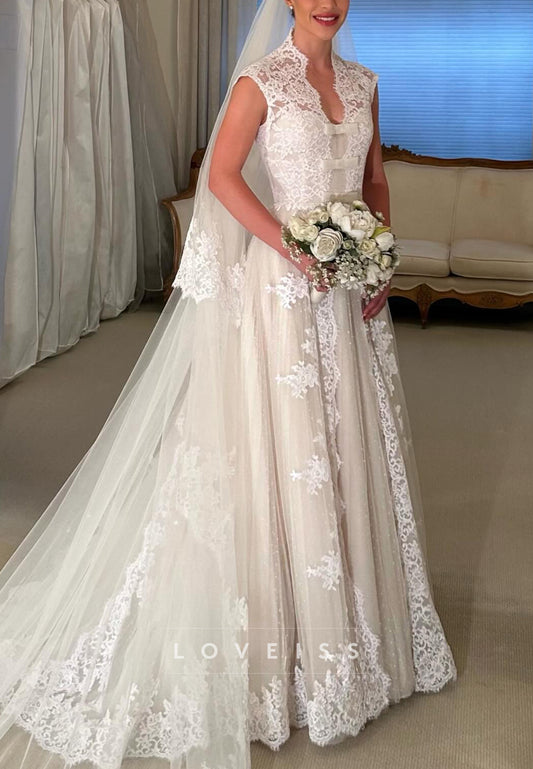 Lace Applique A-Line Wedding Gown with Cap Sleeves
