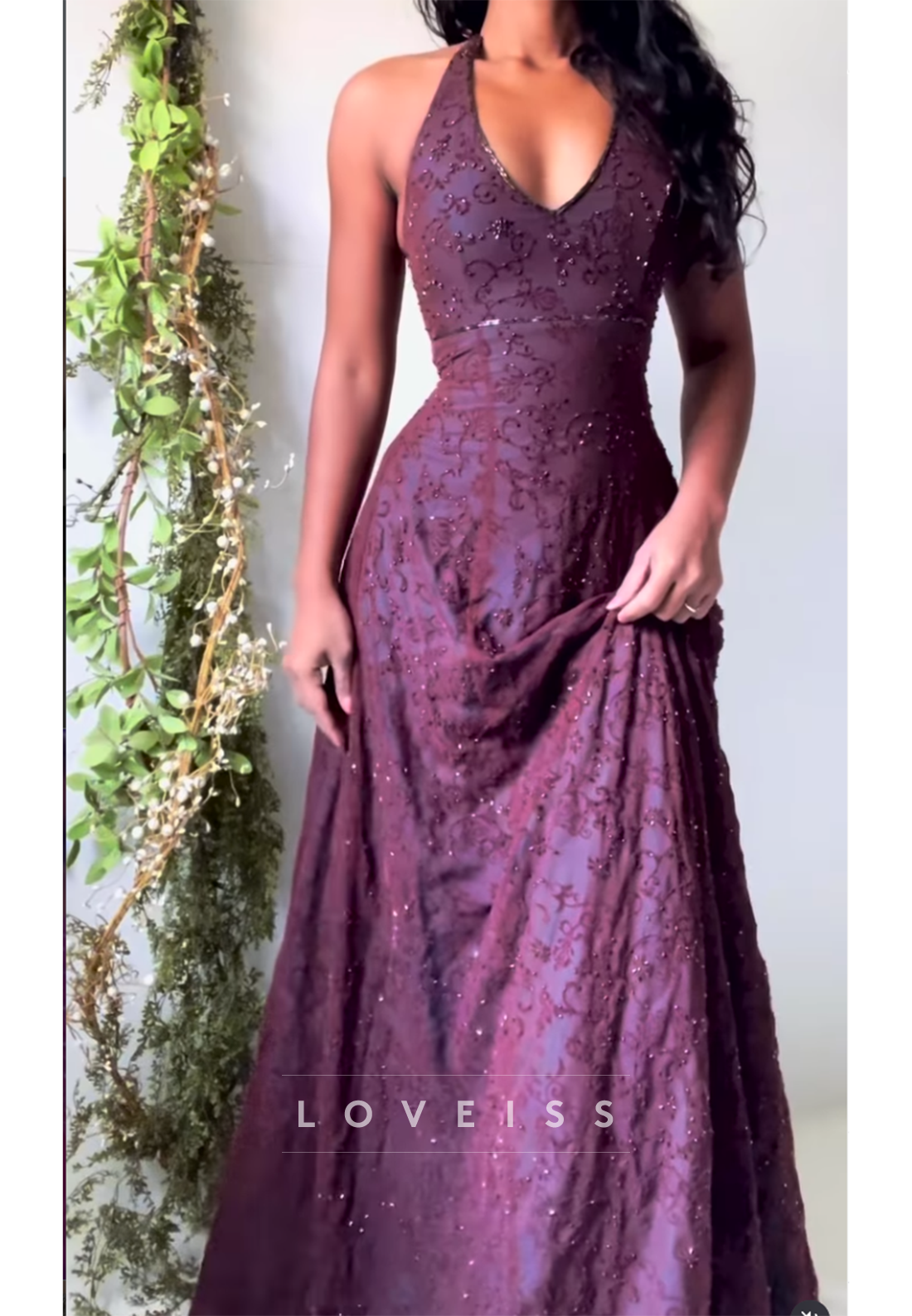 Beaded Halter V-Neck A-Line Formal Gown
