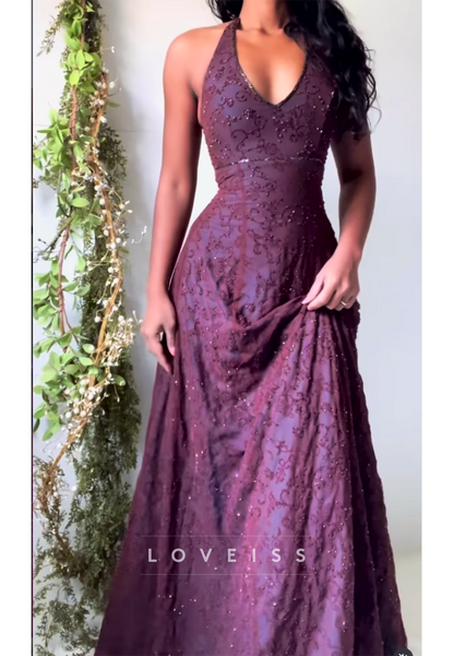 Beaded Halter V-Neck A-Line Formal Gown
