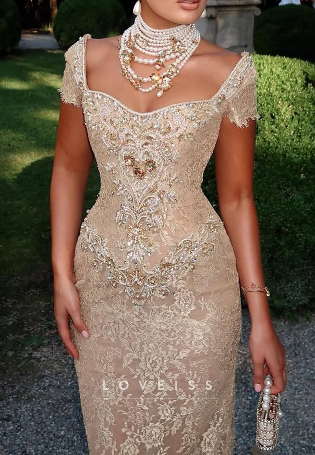 Off-the-Shoulder Beaded Lace Evening Gown