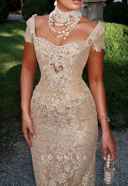 Off-the-Shoulder Beaded Lace Evening Gown