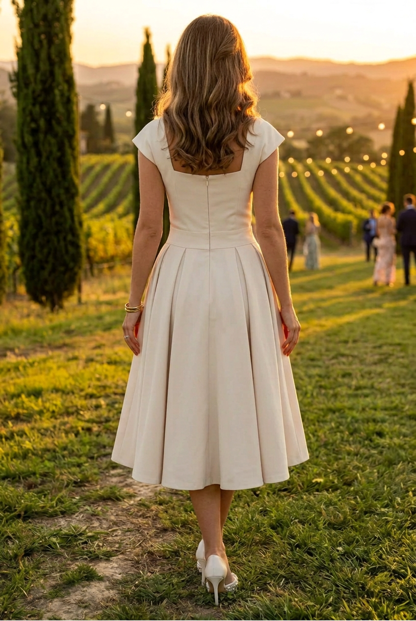 Square Neck Asymmetric Button Midi Dress