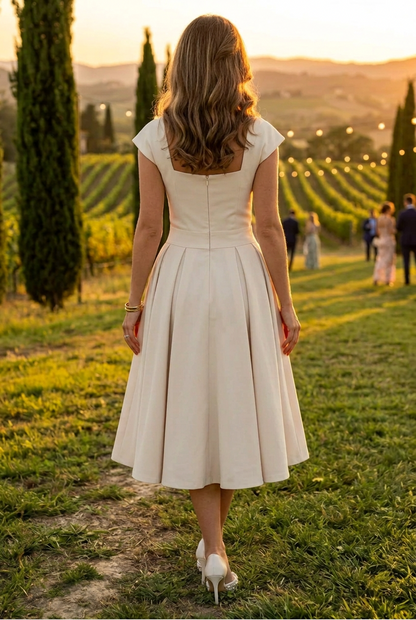 Square Neck Asymmetric Button Midi Dress