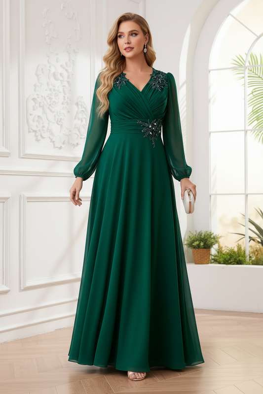 Long Sleeve V-Neck Pleated Chiffon A-Line Gown