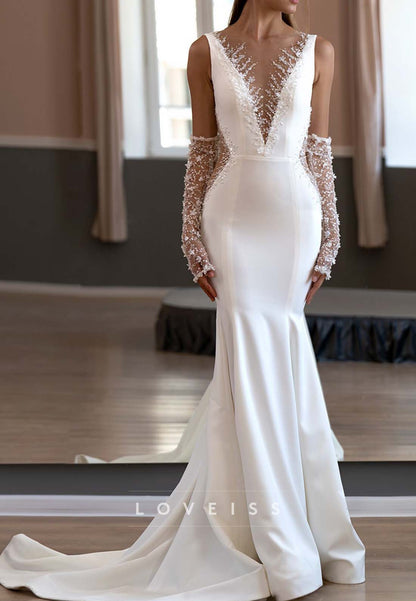 Deep V-Neck Mermaid Wedding Dress with Gloves
