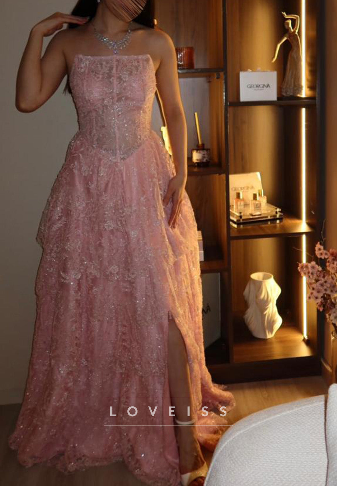 Strapless Lace Tiered Gown with Slit