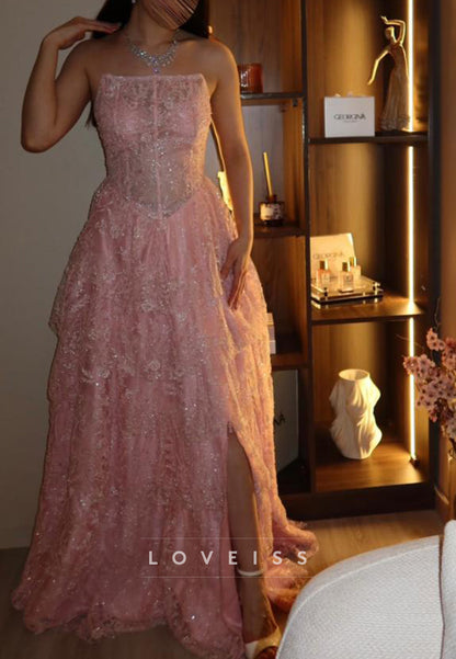Strapless Lace Tiered Gown with Slit