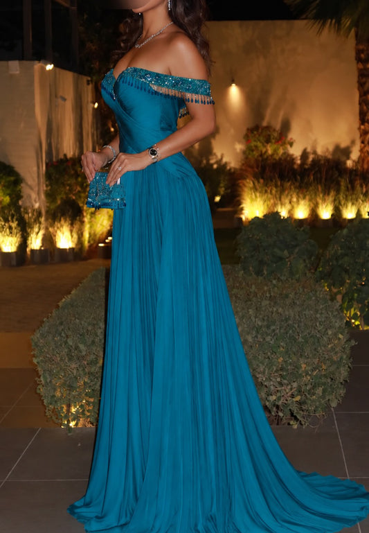 Off-the-Shoulder Beaded Fringe Pleated Gown