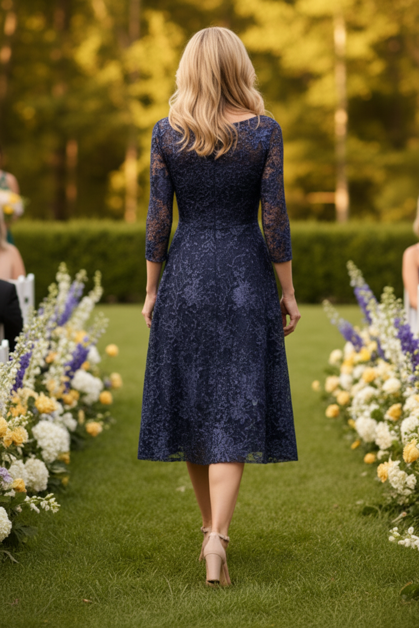 Floral Lace Illusion Midi Dress with 3/4 Sleeves