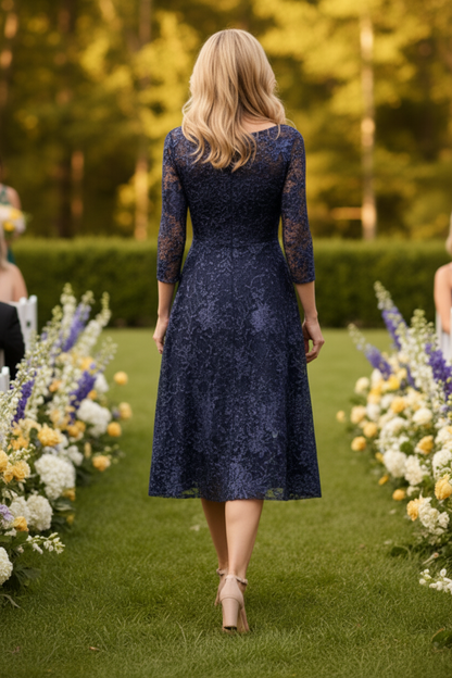 Floral Lace Illusion Midi Dress with 3/4 Sleeves