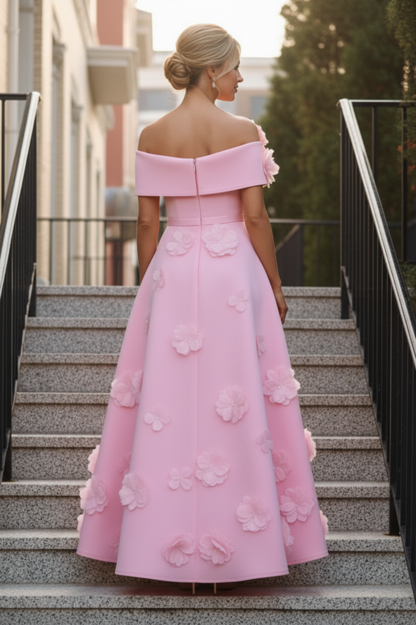 3D Floral Off-the-Shoulder Tea-Length A-Line Dress