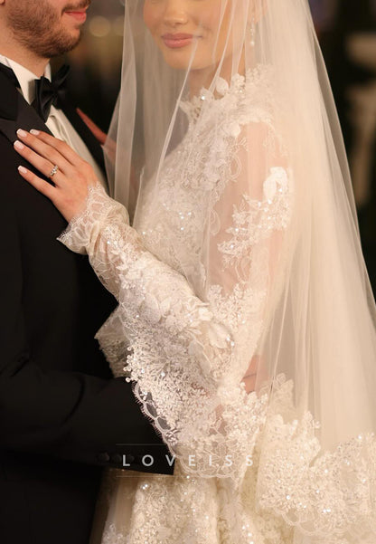 High Neck Lace Long Sleeve Ball Gown