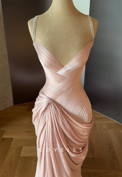 Draped Satin Column Evening Dress with Crystal Straps