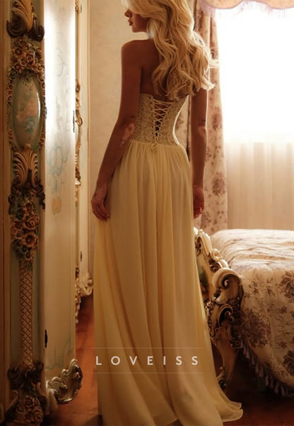 Lace Bodice A-Line Gown with Corset Lace-Up Back