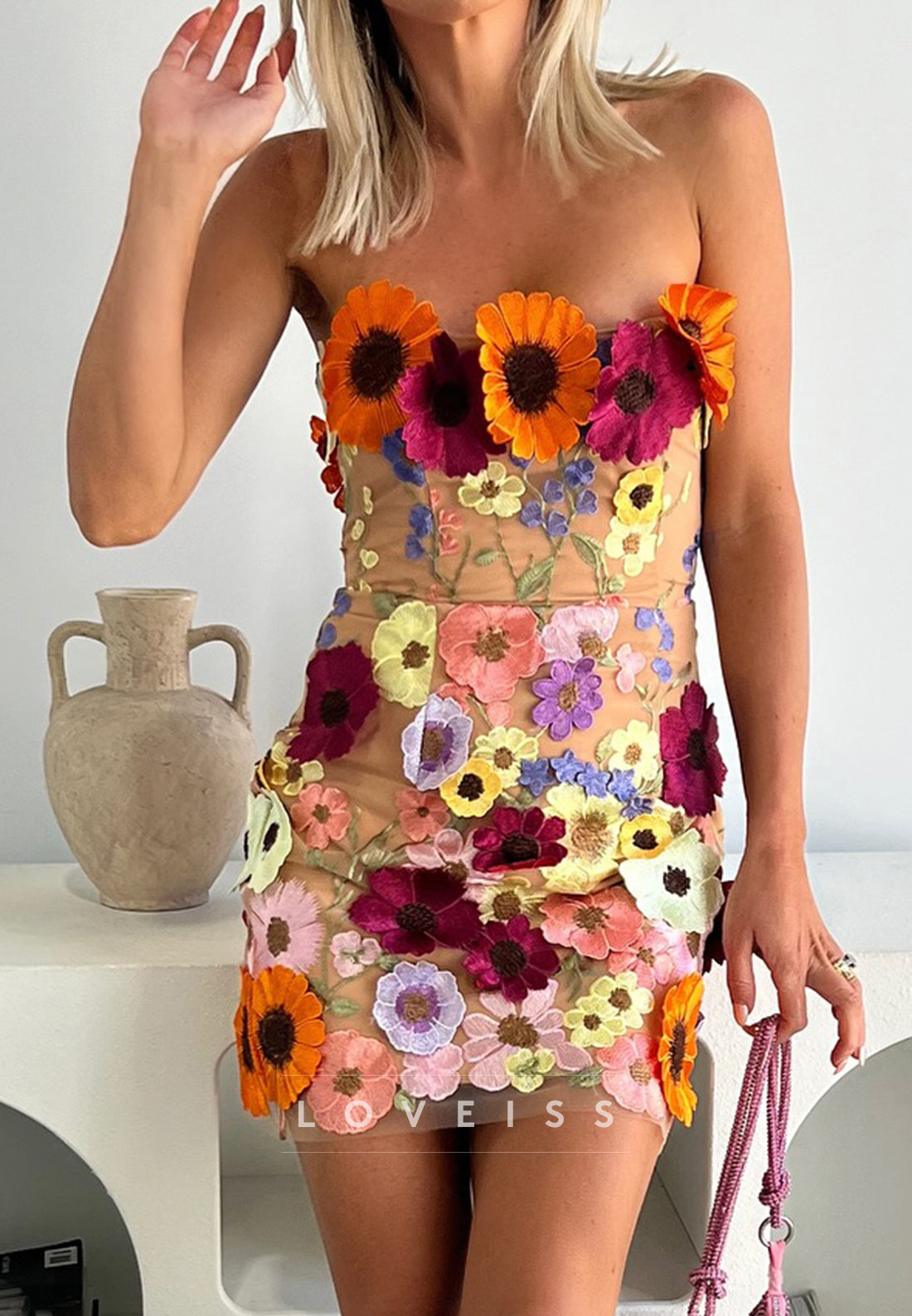 Strapless 3D Floral Applique Mesh Mini Dress