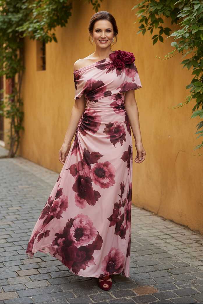 Floral One-Shoulder Ruched Maxi Dress with Rosettes