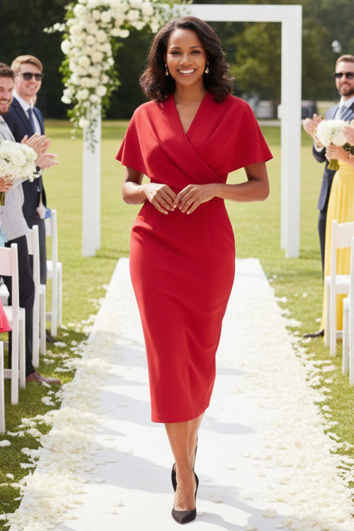 Elegant Cape-Effect Crepe Midi Dress