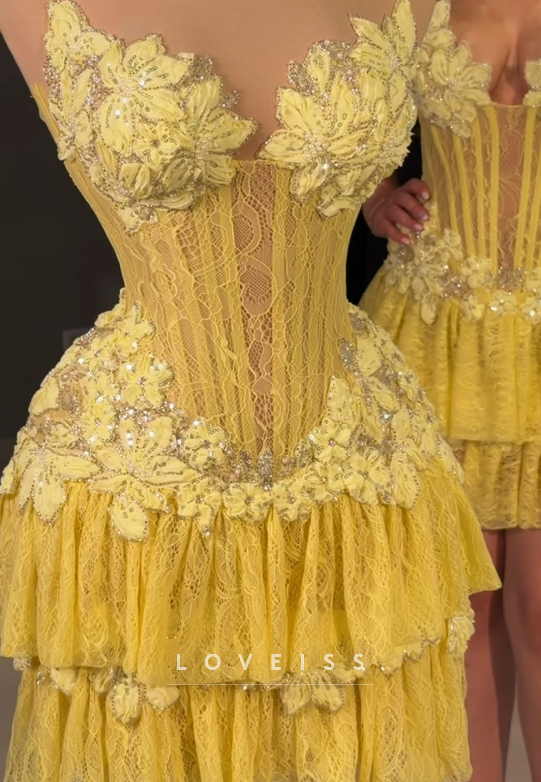 Lace Tiered Corset Mini Dress with Floral Appliques