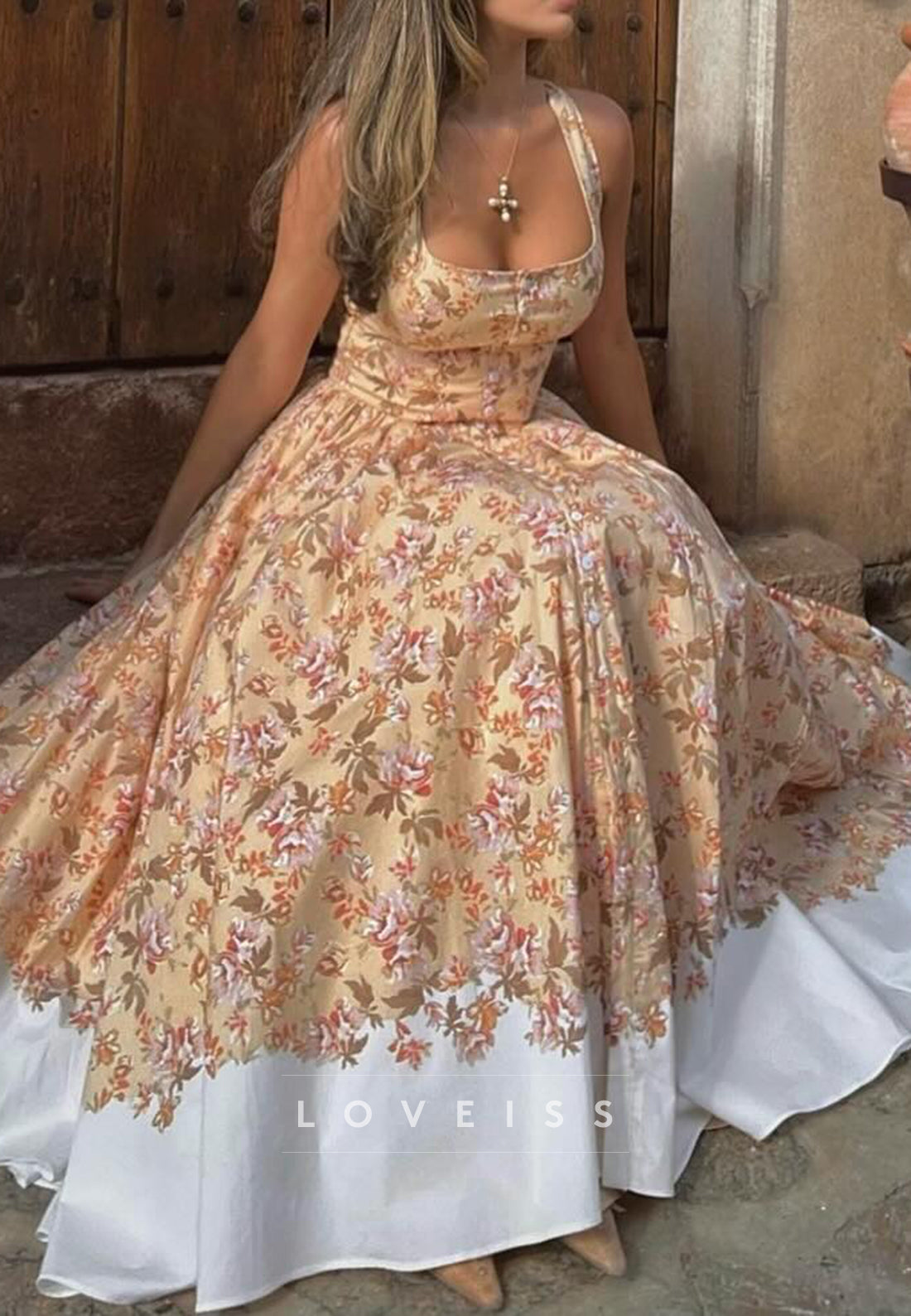 Floral Print Halter A-Line Tea-Length Dress
