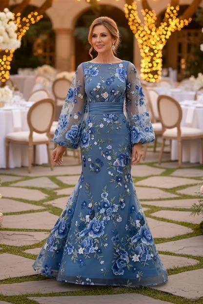 Floral Embroidered Long Sleeve Mermaid Evening Gown