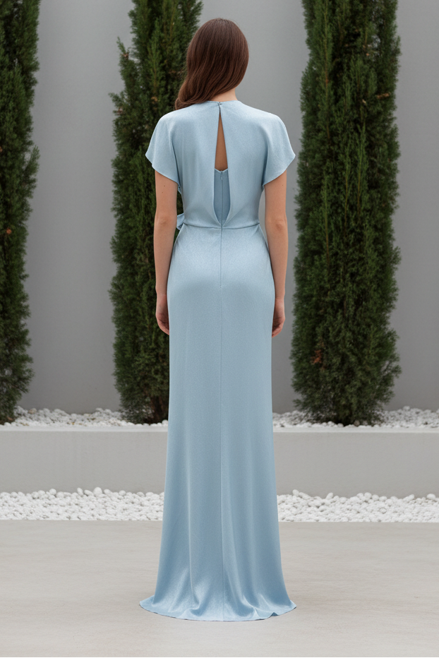 Rosette Wrap Front Satin Evening Gown with Slit