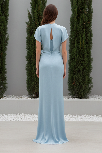 Rosette Wrap Front Satin Evening Gown with Slit