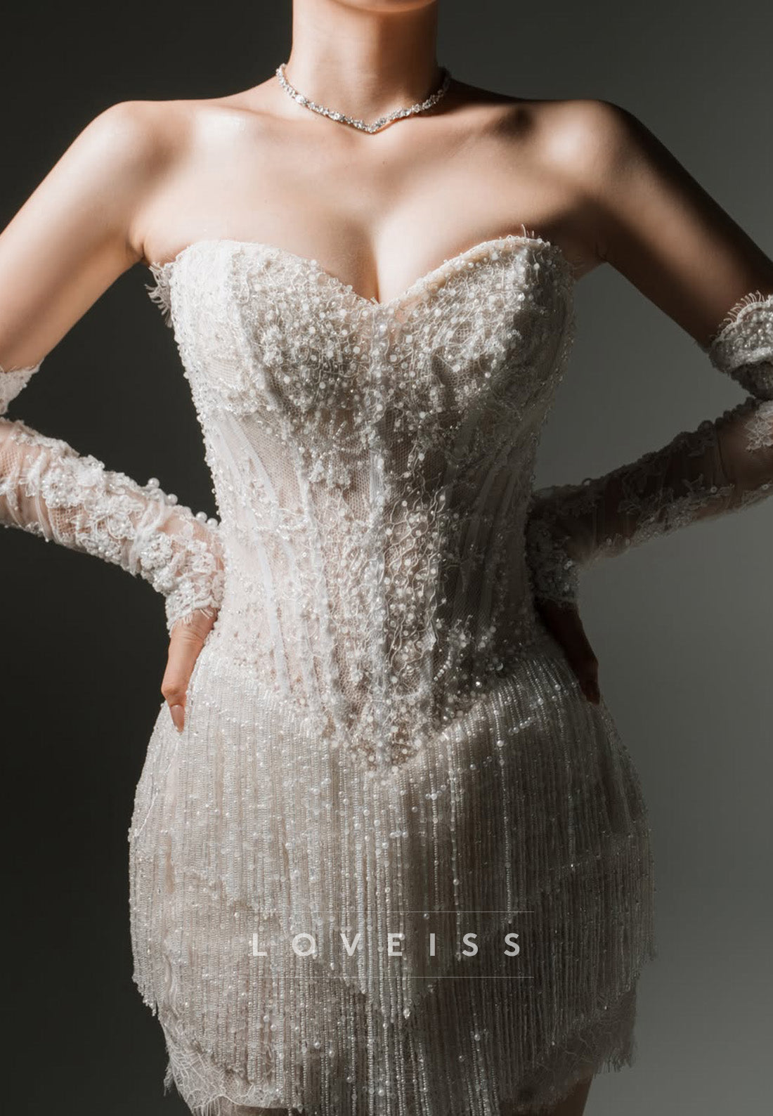 Corset Beaded Fringe Mini Dress with Sleeves