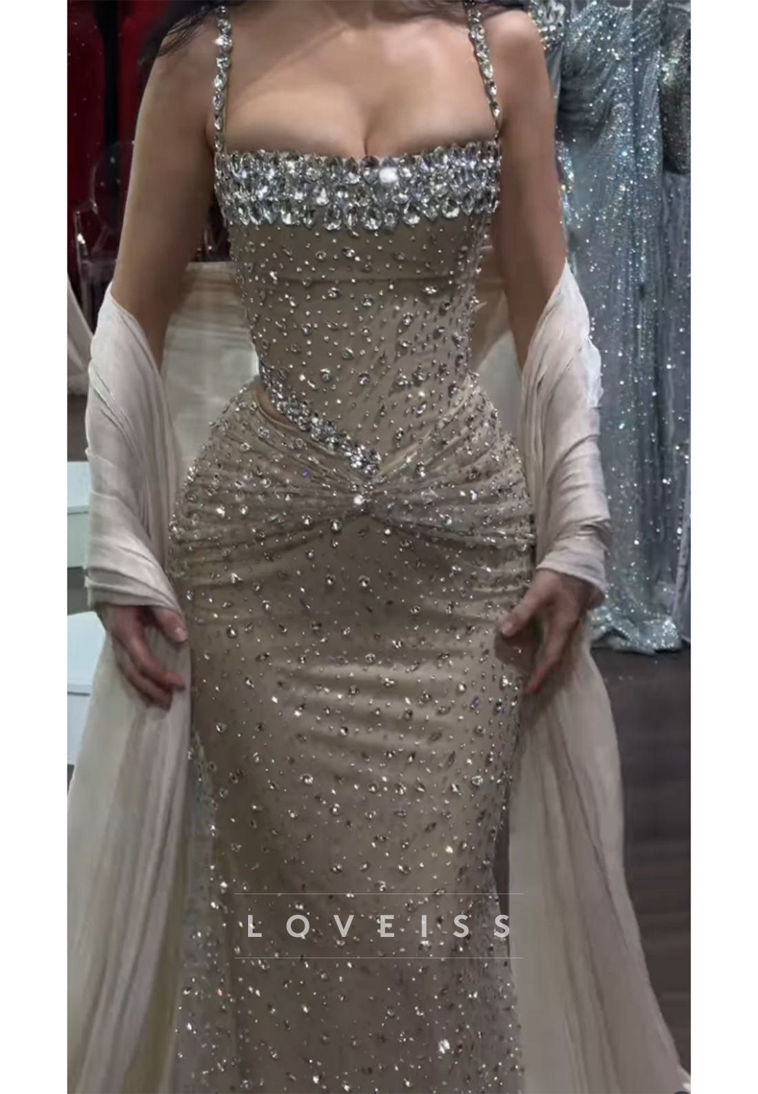 Crystal Beaded Corset Mermaid Evening Gown with Shawl