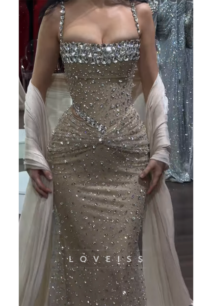 Crystal Beaded Corset Mermaid Evening Gown with Shawl