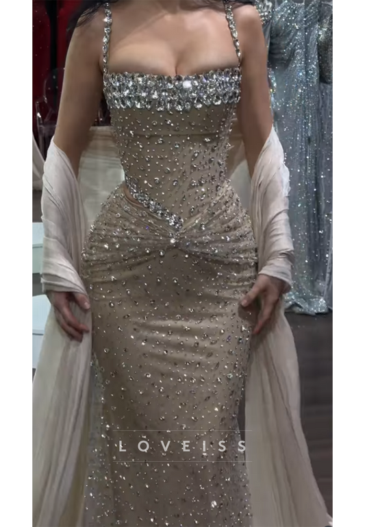 Crystal Beaded Corset Mermaid Evening Gown with Shawl